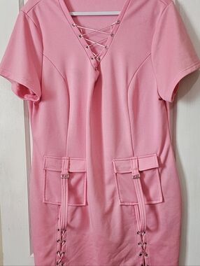 Pink Lace-Up Pocket Shift Dress Plus Size